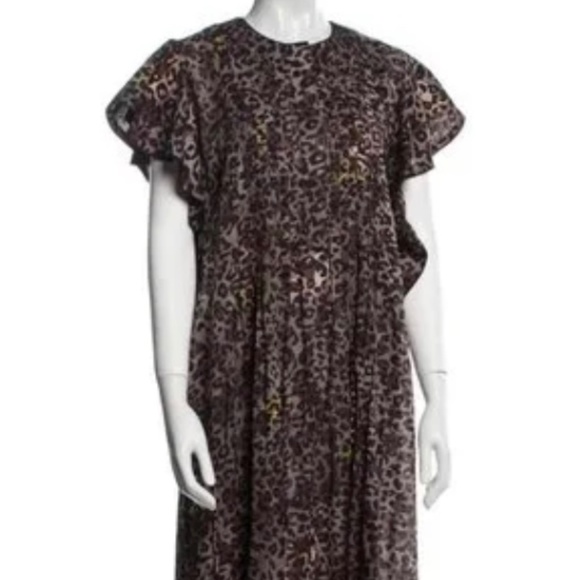 Cynthia Rowley Maxi Midi Dress Womens Small Brown Black Leopard Print Ruffle - Picture 1 of 7